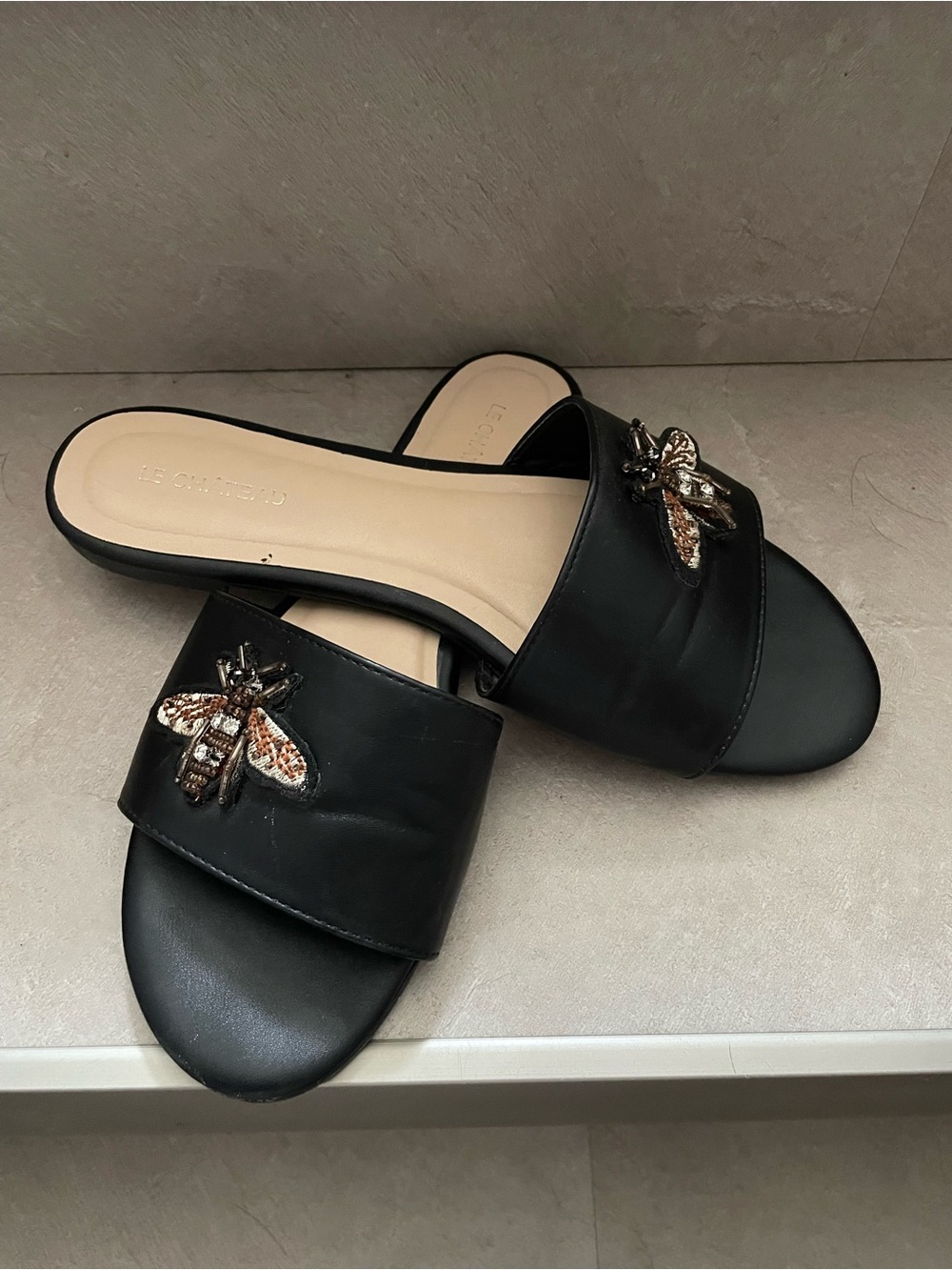 le chateau Black Slide Sandals with Bee Embellishment
